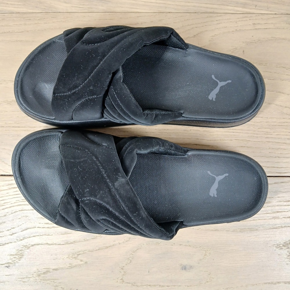 Puma Leadcat Slides Women 7 Black Slip On Criss Cross Strap Streetwear